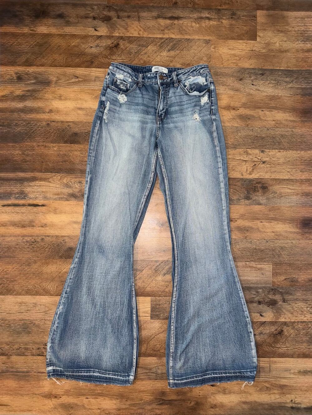 BKE women’s slim fit high rise super flare blue jeans